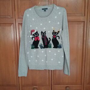 Three Cat Christmas Crochet Long Sleeve Pull Over Light Gray Sweater Size Large